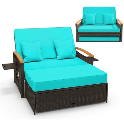 Costway Patio Rattan Daybed Set with Cushioned Loveseat & Storage Ottoman for Porch Beige/Navy/Red/Turquoise/Black/Gray