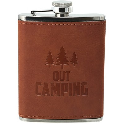Pavilion Gift Company - Out Camping - PU Leather & Stainless Steel 8 oz Flask - Portable Drinkware