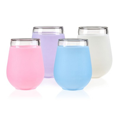 True Silicone Wrapped Wine Glasses, Stemless Glass Tumblers, Dishwasher Safe Drinkware, 16 Oz Multicolor Set of 4