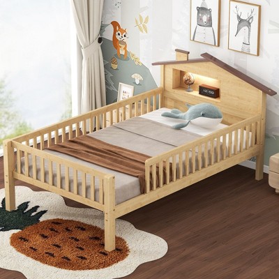 CAVINAS Twin/Full Size House Platform Bed with LED Lights & Built-in Storage,Wooden Bed Frame for Kids Room,Bedroom