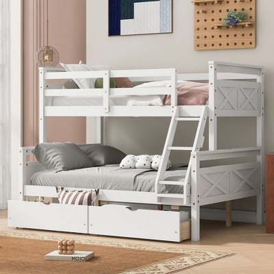 NicBex Twin over Full Size Bunk Bed Pinewood Frame Bed Frame with 2 Drawers, Guardrails and Slant Ladder, No Box Spring Required