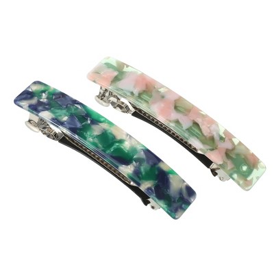 Unique Bargains Women's Tortoise Shell French Hair Barrettes Green Pink 2 Pcs