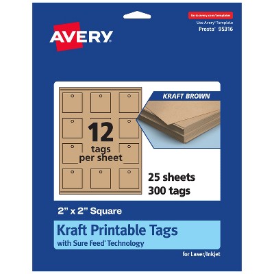 Avery Printable Square Tags with Sure Feed Technology, 2" x 2", Kraft Brown Cardstock, Print-to-the-Edge, Laser/Inkjet, 300 Total