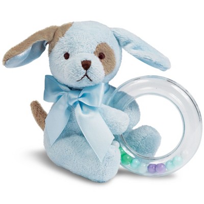 Bearington Baby Waggles Plush Stuffed Animal Blue Puppy Dog Shaker Toy Ring Rattle, 5.5 In