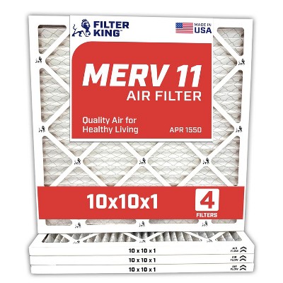 Filter King 10x10x1 Air Filter | 4-PACK | MERV 11 HVAC Pleated A/C Furnace Filters | MADE IN USA | Actual Size: 9.5 x 9.5 x .75"
