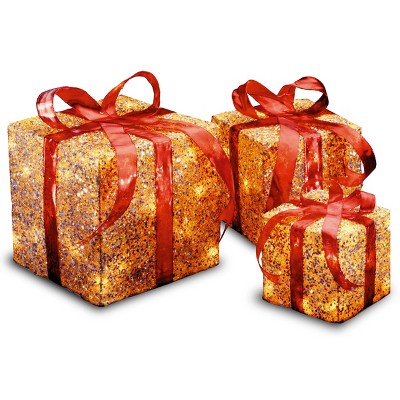 6" 8" and 10" Prelit 3pc Gold Sparkle Gift Boxes with Red Bows Clear Lights - National Tree Company