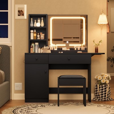 Makeup Vanity Desk with Mirror & Lights, Vanity Table Set with Drawer, Power Outlet, Chair & 3 Storage Shelves for Bedroom