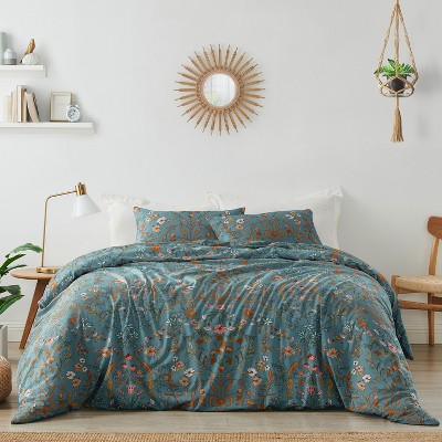 Sweet Jojo Designs King Duvet Cover and Shams Set Boho Floral Wildflower Blue and Orange 3pc