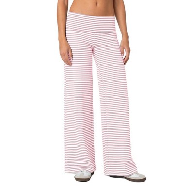 Clearlove Wide Leg Pants for Women Drawstring Elastic Waist Stripe Ribbed Sweatpants
