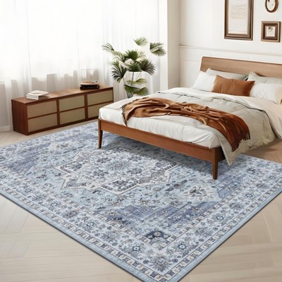 Area Rug, Dining Room Rug - Large Oriental Medallion Accent Carpet with Non-Slip Backing, Vintage Distressed Low Pile, Stain-Resistant for Living Room