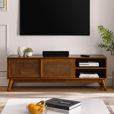 Modern Rattan TV Stand For TV Up To 65 Inch Entertainment Center Media Console Cabinet With Sliding Door,abstract,Light Wood,59in,4.92ft