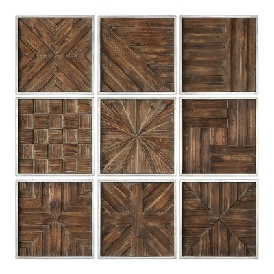 Uttermost Bryndle Rustic Wooden Squares Set of 9 – Fir & MDF Wall Art, 12.5" Each, Natural Wood Finish