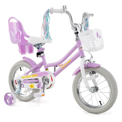 Safstar 14 Inch Kids Bike with Training Wheels, Doll Seat, Basket, Streamers, Hand Brake, Coaster Brake, Height Adjustable Seat & Handlebar