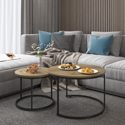 HOMLUX Set of 2 Nesting Coffee Table Round End Table Marble Side Table,Black/White/Brown