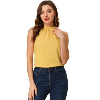 Allegra K Women's Sleeveless Frill Mock Neck Ruffle Chambray Blouse