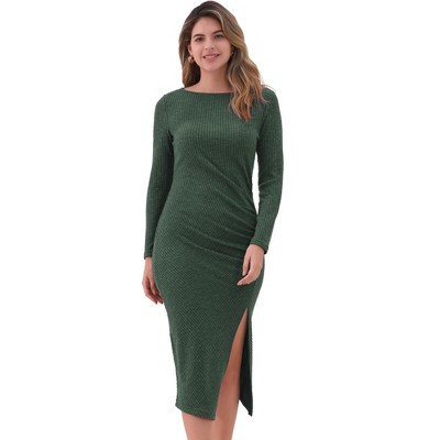 INSPIRE CHIC Women's Fall Casual Long Sleeve Round Neck Ruched Slit Fitted Midi Dress