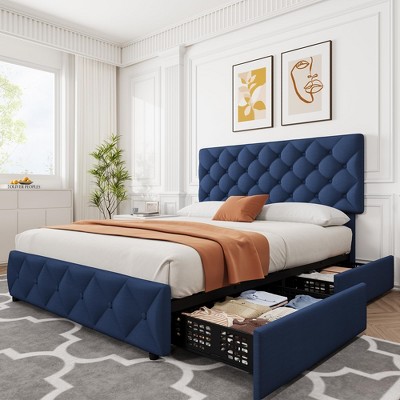 Bed Frame with 4 Storage Drawers, Faux Leather Upholstered Platform Bed Frame with Adjustable Headboard