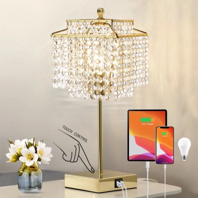 GTCLIGHTING Crystal Touch Table Lamp, Pink Bedside Lamp with USB C+A Ports, 3-Way Dimmable Lamp with Crystal Shade, Nightstand Lamp for Girl Bedroom