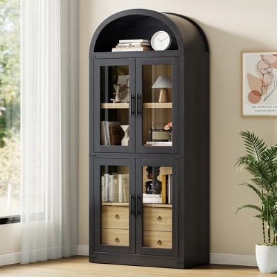 Garvee Arched Bookshelf with Doors and Drawers Farmhouse Bookcase Display Storage Shelves 71.4in Tall Wooden Display Cabinet Rounded Bookcases