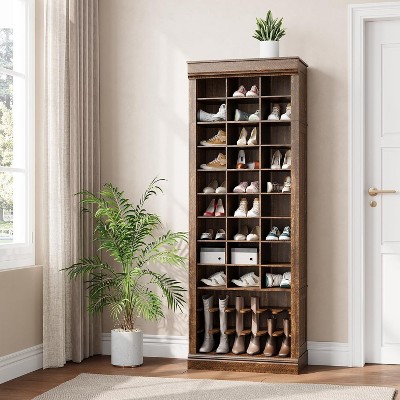 Tall Shoe Cabinet, 10 Tier Shoe Storage Cabinet, Freestanding Wooden Shoe Cabinet Organizer with 27 Cubbies and Tall Boots Storage