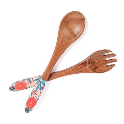 over&back Jess Phoenix Acacia Wood Enamel Finish Serving Utensils: 12" Brown Multicolored Fork & Spoon Set, 2 Pieces