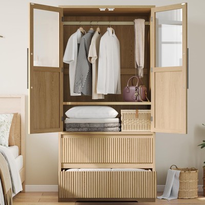 Bedroom Wooden Armoire Wardrobe Closet with Wood Doors, 2 Drawers, Hanging Rod, Freestanding Cabinet with Shelves