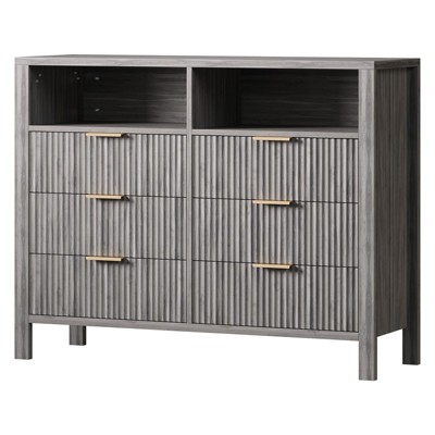 6 Drawer Dresser for Bedroom, Farmhouse Chest of Drawers with 2 Open Shelves and Fluted Doors