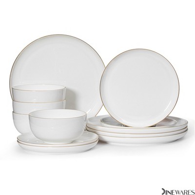 Dinewares White with Gold Rim Bone China Dinnerware Set - Service for 4 or 8, Includes Dinner Plates, Salad Plates, and Cereal or Soup Bowls