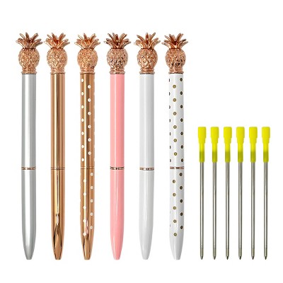 Wrapables Novelty Pineapple Ballpoint Pens with Refills, 1.0mm Medium Point, Black Ink, Set of 6 Pens + 6 Refills