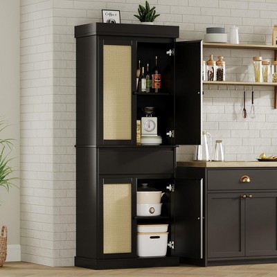Kitchen Pantry Cabinet, Tall Storage Cabinet with Rattan Doors and Adjustable Shelves, Freestanding Cupboard with Drawer