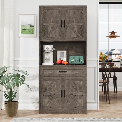 71" Tall Kitchen Pantry Storage Cabinet, Modern Kitchen Hutch Bar Cabinet With Microwave Stand
