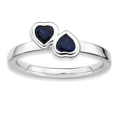 Black Bow Jewelry Sterling Silver Stackable Double Heart Created Sapphire Ring