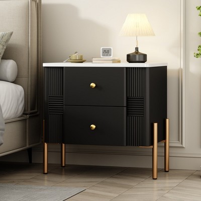 KWPZQEB Mid Century Nightstand, Bedside Table with Fluted, Metal Handles and Legs, Night Stand with 2 Storage Drawer for Bedroom, Living Room