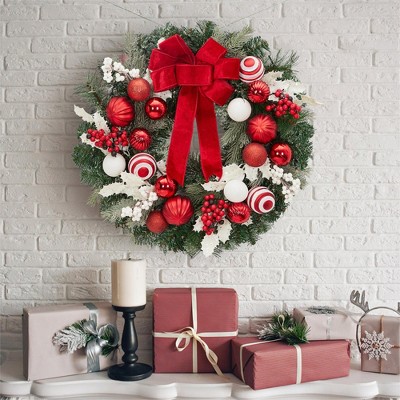 COZONY 24 Inch Pre-Lit Christmas Wreath with Red Bow & Berries, Battery Lighted Xmas Wreath Decor