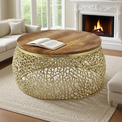KWPZQEB Aluminium coffee table, Modern Indoor Accent Table with Mango Wooden Top, Center Table with Abstract Hollow Framefor Living Room, Office, Gold