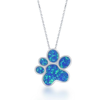 Opalata Sterling Silver Blue Inlay Opal Paw Print 18" Pendant Necklace - Blue