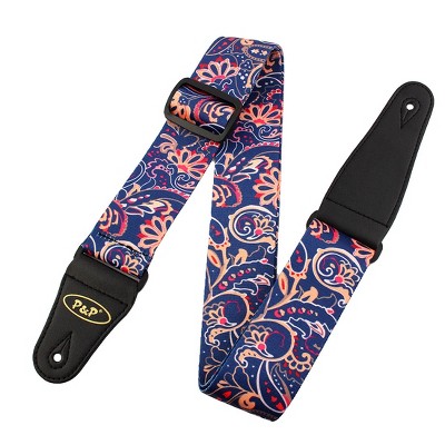 Unique Bargains Unique Bargains Faux Leather End Flower Print Electric Guitar Shoulder Strap with String