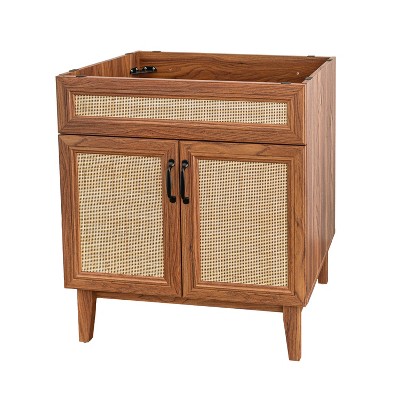 JONATHAN Y VAN1008 Javer 20 in. W x 18 in. D x 33 in. H Rattan Modern Farmhouse 2-Shelf Bath Vanity Cabinet Only (Sink Basin not Included), Oak