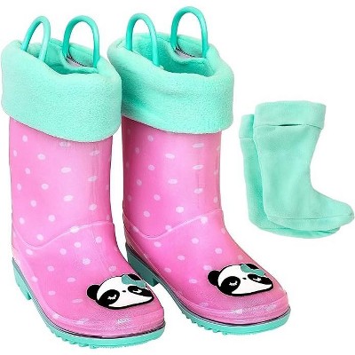 Addie & Tate Boys and Girls Rain Boots with Sock, Kids Rubber Boots- Size 8T-12 Years (Panda/Dots)