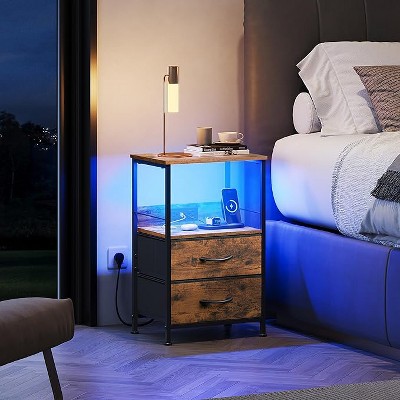 GALAXHERO Night Stand Set of 2,Small End Tables with Charger Station Nightstand with 2 Fabric Drawers & Storage Shelf, LED Bedside Table for Bedroom
