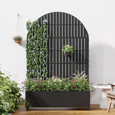 PexFix 72" x 47" Tall Wrought Iron Garden Arched Trellis with Planter Box Black Outdoor Plant Support for Climbing Flowers Vines Patio Yard Decor
