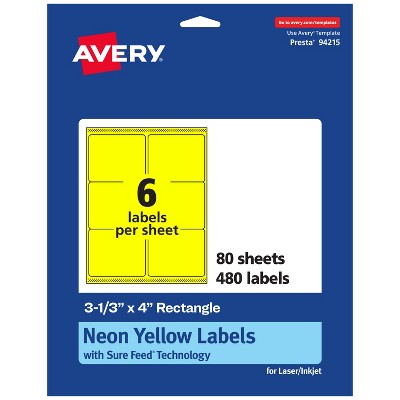 Avery Neon Yellow Paper Labels, 3-1/3" x 4" Rectangle