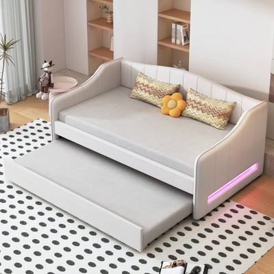 Twin XL Size Upholstered Daybed, Platform Bed Frame with LED Light, and Twin XL Trundle Bed -ModernLuxe