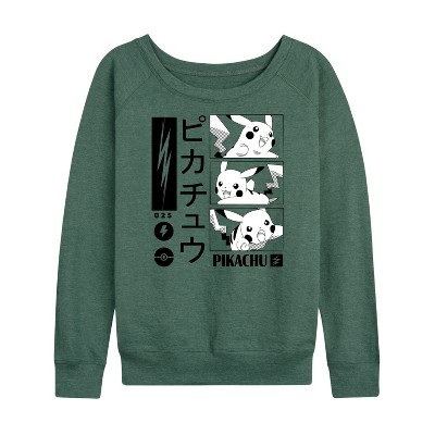 Women's - Pokémon - Pikachu Manga Panels Lightweight French Terry Wide Neck Long Sleeve Graphic Shirt