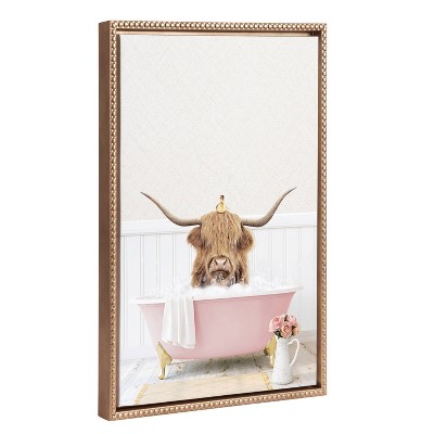 18"x24" Sylvie Beaded Highland Cow with Duckling Cottage Rose Bath Framed Canvas by Amy Peterson Gold - Kate & Laurel All Things Decor