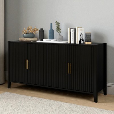 63.1" Modern Sideboard Buffet with 4 Wavy Slatted Doors, Solid Wood Legs, Metal Handles, Storage Cabinet for Dining, Living, Entryway