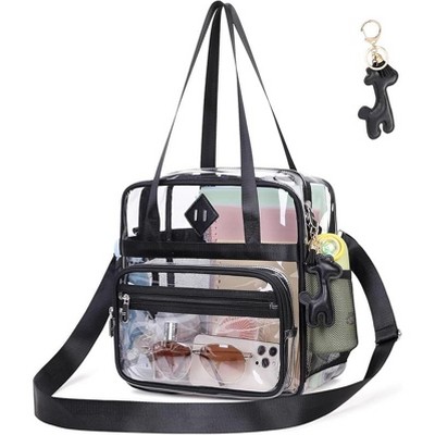 Hachikiko 12x12x6 Approved Clear Stadium Tote Bag, See Through Crossbody with Leather Pendant, Multi-Pocket Organizer