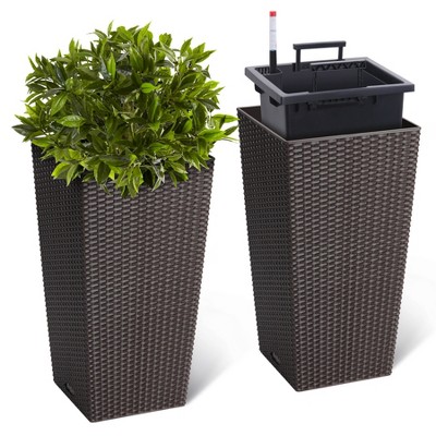 22.51 Inch Outdoor Indoor Planters Set of 2, Tall Planter Pots Rattan Large Flower Pot with Water Level Monitor & Wheels & Trays for Office/Patio