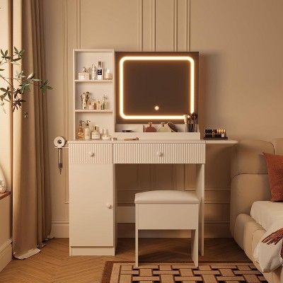 coucheta Makeup Vanity Set with 3 Colour LED Mirror and Power Outlets, Dressing Table with Drawers & Cabinet and Storage Stool,  for Bedroom