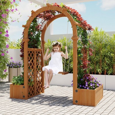 Wood Garden Arbor with Planter Boxes and Swing - Outdoor Arch Trellis with Pergola for Climbing Plants Vines